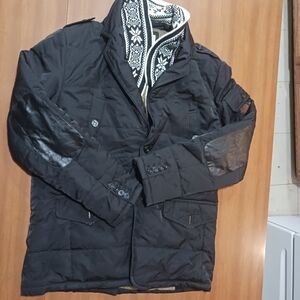 Vtg Winter Coat XL TFG Quilted Leather Elbow Patch Black Quilted Utility Coat